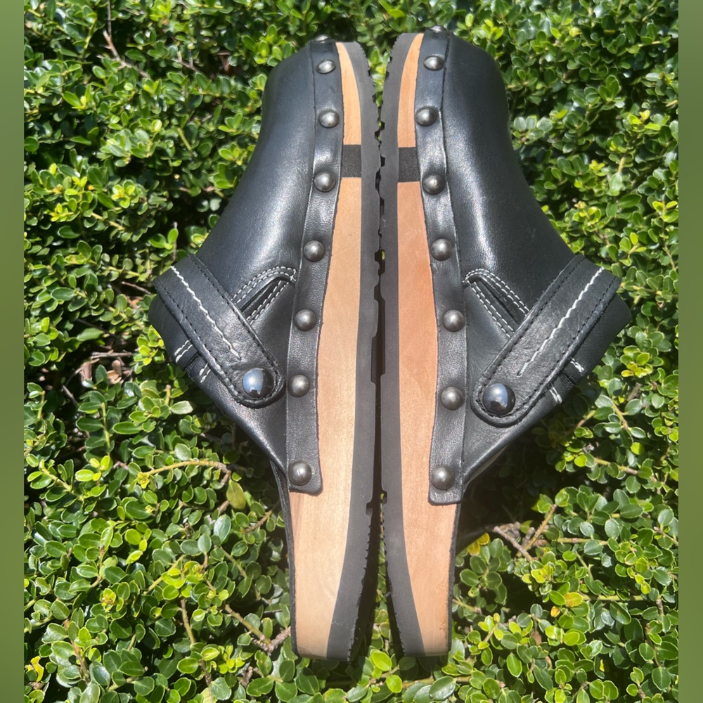 Kalso Earth Shanti Black Leather & Wood Slip Clogs Mules Negative Heel Sz 7 NWOB - Picture 8 of 13